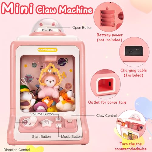 JHkim Claw Machine for Kids, Mini Claw Machine Candy Grabber Dispenser Toys for Girls, Claw Machine Arcade Game Classroom Educational Toy Vending Machine with 10 Refill Prizes Toys, Volume Adjustable