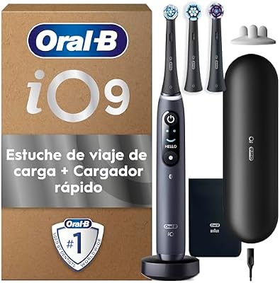 Oral-B iO 9 Cepillo de Dientes Eléctrico Negro con Mango Recargable, 3 Cabezales De Recambio y Estuche Cargador de Viaje, 7 Modos De Cepillado, Sensor De Presión, Diseñado Por Braun