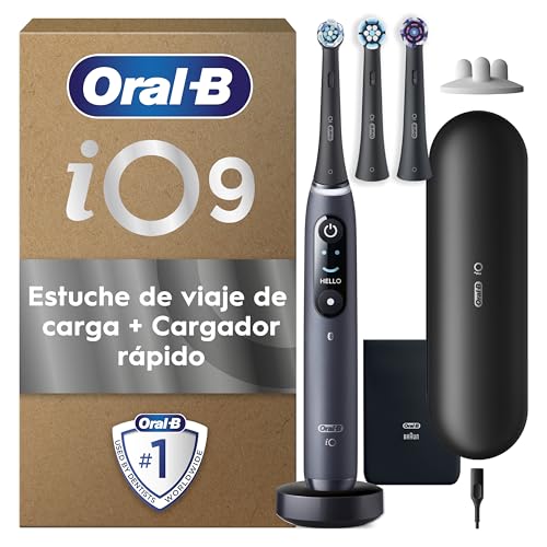 Oral-B iO 9 Cepillo de Dientes Eléctrico Negro con Mango Recargable, 3 Cabezales De Recambio y Estuche Cargador de Viaje, 7 Modos De Cepillado, Sensor De Presión, Diseñado Por Braun