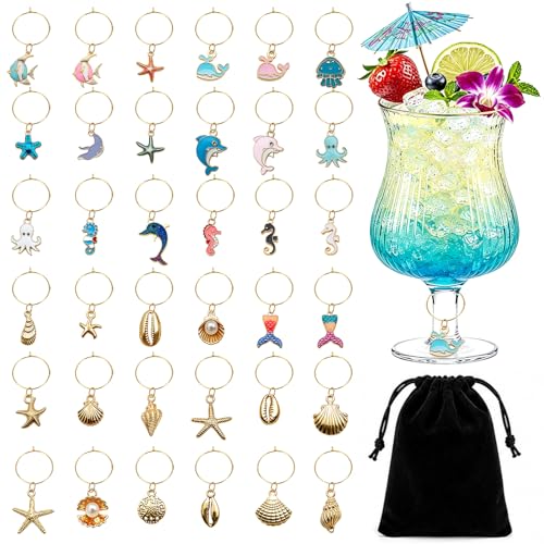 Viicoor Wine Glass Charms 36 Pieces Ocean Animals Party Tags Holiday Drink Markers (Ocean-36PCS)
