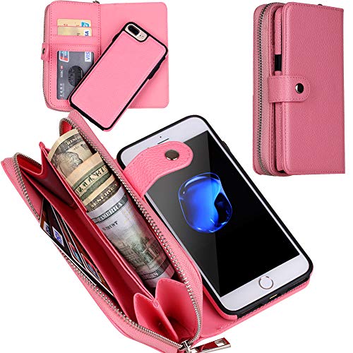 iPhone 8 Plus Case, iPhone 7 Plus Case, DRUnKQUEEn Zipper Wallet Type Flip Premium Leather Credit Card Holder Case with Wrist Strap - Detachable Magnetic Back Cover for iPhone 7Plus / iPhone 8Plus