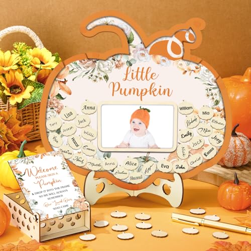 Image of Wenqik 63 Pcs Little Pumpkin Baby Shower Guest Book Alternatives Set Baby Shower Decorations with Photo Frame Sonogram Frame Keepsake 60 Wood Slices Guest Book for Birthday