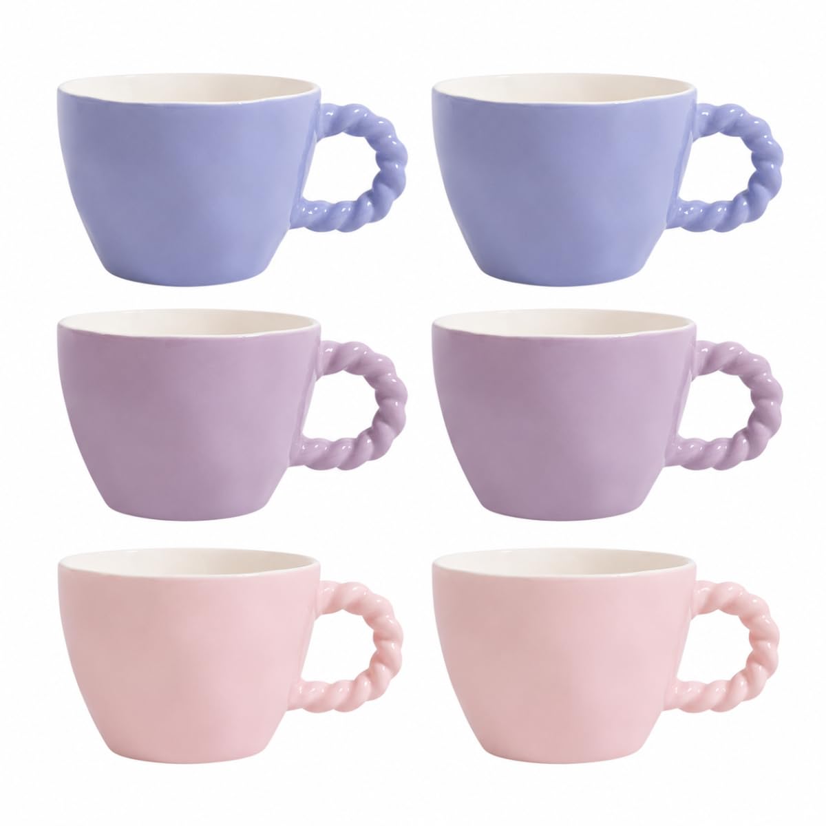 Set of 6 Pastel New Bone China Mugs 260ml – Pink, Lilac & Blue Tea Coffee Cups with Twisted Handle Design – Dishwasher & Microwave Safe Mug Set 10cm x 8cm for Home Kitchen Office Use