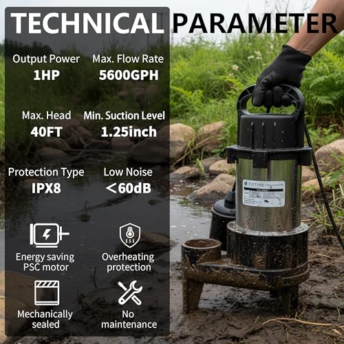 FOTING 1HP Submersible Sewage/Effluent Pump, Sump Pumps Stainless Steel and Cast Iron, 5600GPH Automatic/Manual Septic Pump for Basement, Septic Tank, Sewage Well, Sewage System, 2'' NPT Discharge