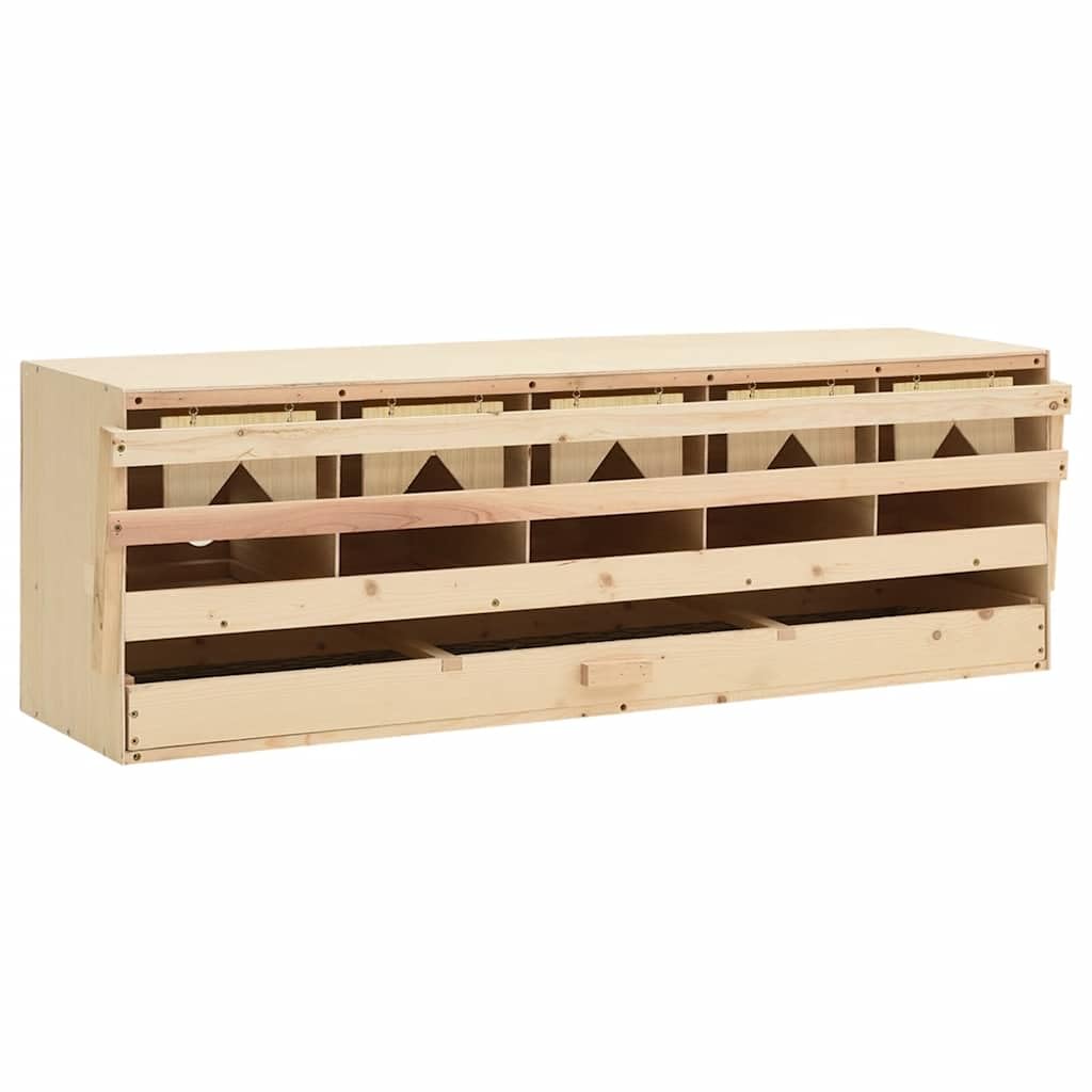 Nido da 5 pezzi, in legno di pino massiccio, 117 x 33 x 38 cm, per galline piccole, 5 scomparti, fondo rimovibile, posatoio pieghevole, marrone naturale per una facile deposizione delle uova