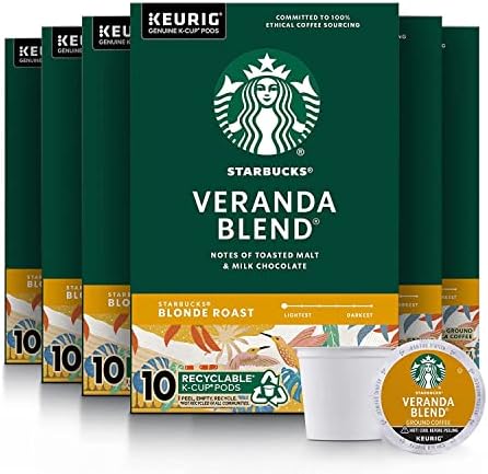 Starbucks Coffee K-Cup Pods, Veranda Blend Coffee, Blonde Roast 100% Arabica Coffee, Keurig Genuine K-Cup Pods, 10 CT K-Cup Pods Per Box (Pack of 6 Boxes)