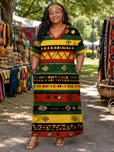 Image of Plus Size Maxi Dress for Women Short Sleeve V Neck Casual Loose Sundress with Pockets