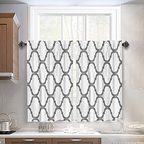 Melodieux Set of 2 Moroccan Fashion Tier Curtains for Kitchen,Geometric Lattice Rod Pocket Curtains for Cafe Bathroom Small Windows,36 Inch Length,Off White/Grey