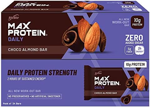 RiteBite Max Protein Daily Choco Almond 10g Protein Bar [Pack of 24] Protein Blend, Fiber, Vitamins & Minerals , No Preservatives, 100% Veg, No Added Sugar, For Energy, Fitness & Immunity - 1200g