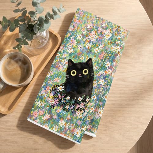 Image of Cute Cat Kitchen Towels 24x14 Inch, Cats Gifts Floral Reusable Dish Towels for Kitchen Bathroom Home Decor, Waffle Weave Absorbent Hand Cloth Tea Towel, Cat Lover Gifts for Women Mom Friend