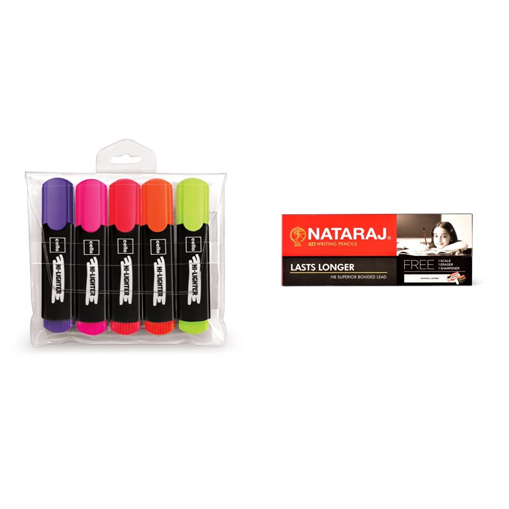 Cello Hi-Lighter (Pack Of 5, Vivid Colors - Yellow, Pink, Peach, Orange And Purple) | Easily Applica & Nataraj 621 Pencils Value Pack - Pack Of 20