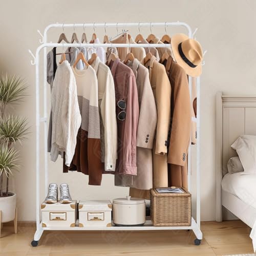 Image of Wings Star Double Pole 2 Layer Bars Cloth Stand - Freestanding Metal Garment Rack with Bottom Storage, Side Hooks & Caster Wheels - Cloth Rack for Bedroom Living Room (White L110.5 x B45 x H 149.5cm)