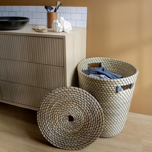 Panier à linge Phuket tressé noir et jonc naturel avec poignées pratiques
