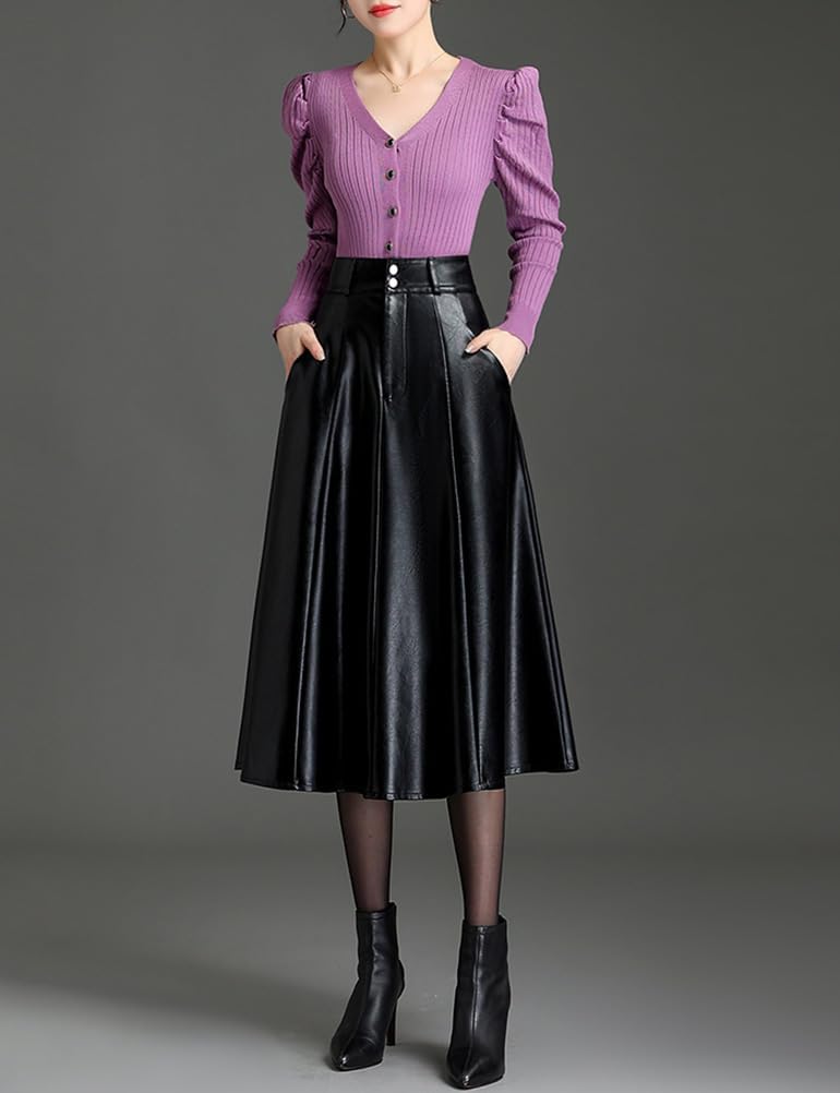 Womens Midi Leather Skirt High Waisted Fall Winter Vintage A Line PU Leather Ruffle Skirt - Image 4