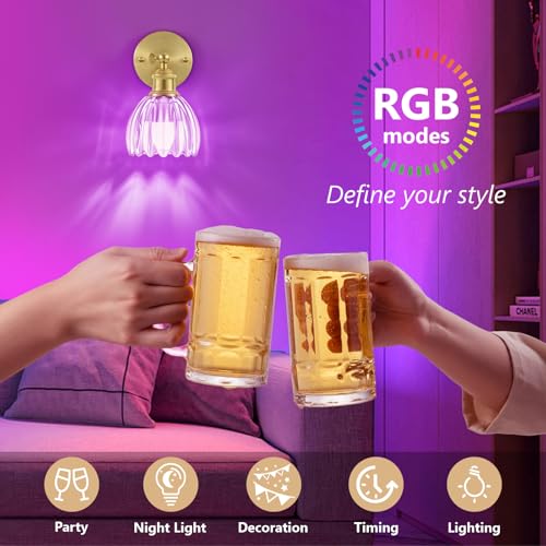 Image of Vintage Battery Operated Wall Sconce, Clear Tulip Glass Lampshade Wireless Rechargeable Battery Powered LED Wall Light with Remote Dimmable for Bedside Bedroom Living Room, Set of 2