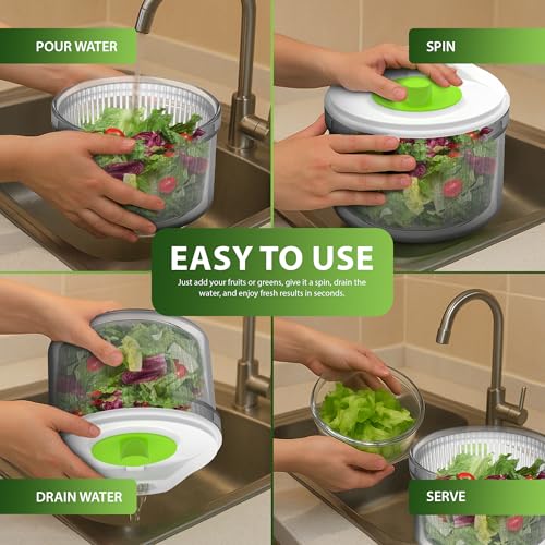 ZENO Salad Spinner | Small Salad Washer & Spinner | Easily Wash Lettuce, Vegetables, Fruit & More | Easy to Store | 3 Piece Dryer | Use As Serving Bowl & Washing Basket | BPA Free Clear Plastic - Image 6