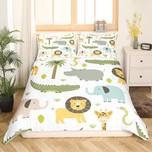 Loussiesd Zoo Tiere Bettwäsche Set 135x200cm Elefant Lion Bettbezug Set Krokodil Nilpferd Druck Bettwäsche Set Botanical Palm Baum… – Ansicht 3