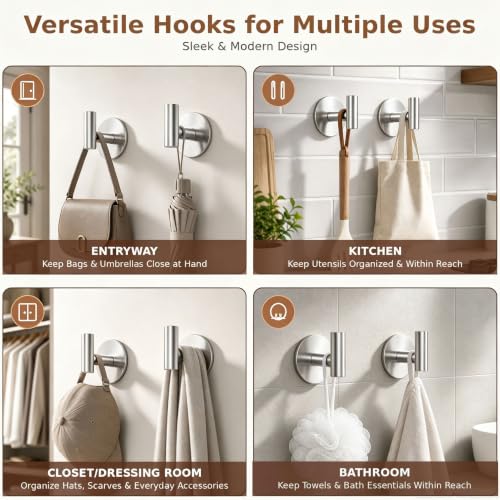 Image of Heavy Duty Self-Adhesive Coat Hooks, Stainless Steel Towel Hooks for Bags, Towels, Robes, Hats, Aprons - No Drill Bathroom, Kitchen, Hotel Wall Hooks (2 Pack, Silver)