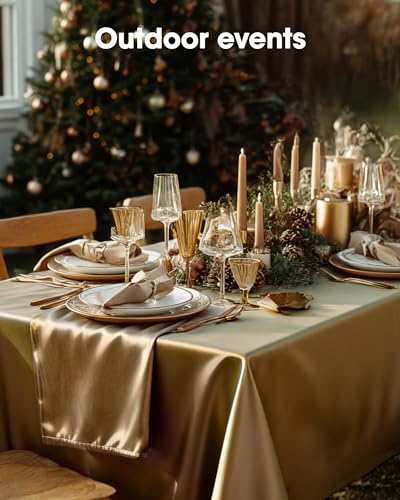 Image of Pureegg Plastic Table Cloth Disposable 6 Pack, 54 x 108 Inch, Gold | Graduation Party, Christmas Decor, Thanksgiving, Waterproof, Gold, Tablecloth