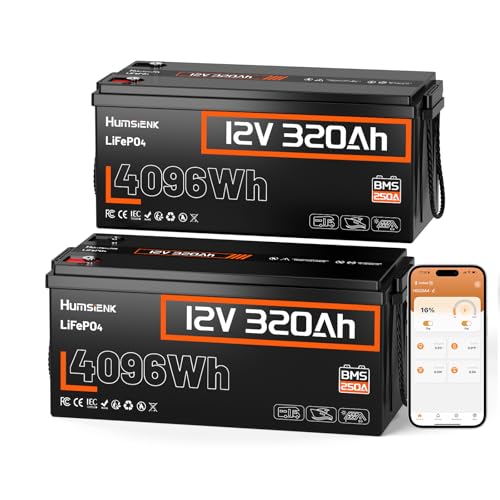 Image of HumsiENK 12V 320Ah LiFePO4 Lithium Battery with Bluetooth, 250A BMS,15000+Cycles 320Ah LiFePO4 Battery, IP65 & Low Temp Protection, 4096Wh Higher Energy Perfect for RV, Off-Grid, Solar Energy, 2PACK