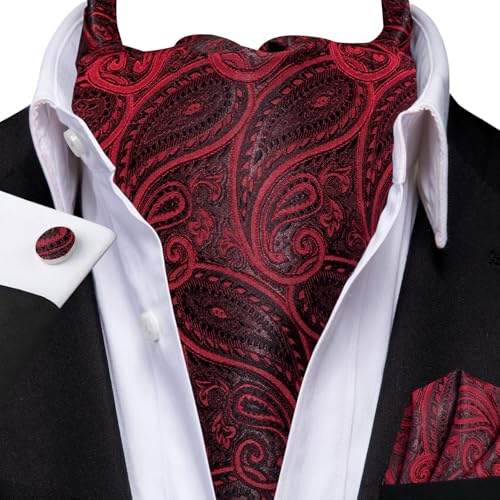 Image of Hi-Tie Silk Ascot for Men Self Tie Men's Cravat and Flower Lapel Pin Handkerchief Cufflinks Set for Wedding Party