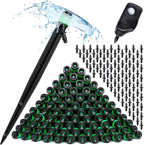 CARPATHEN 100 Drip Irrigation Emitters Vortex - Drip Irrigation Parts for Irrigation Kit - 1/4 inch Irrigation Tubing Compatible - 360 deg Adjustable Fan Sprayer for Raised Garden Bed, Potted Plants