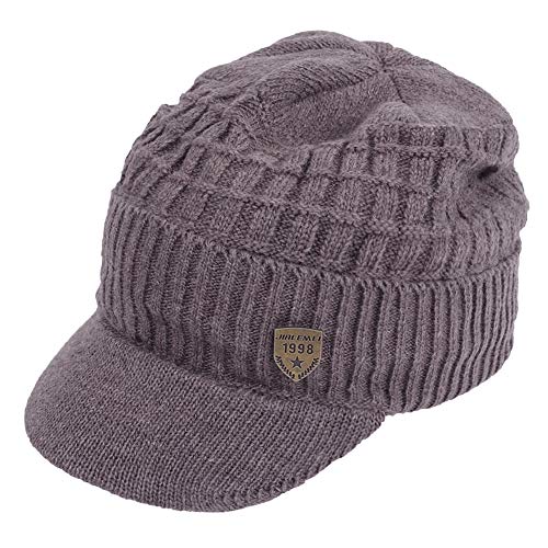 Original One Winter Wool Knitted Chunky Visor Beanie Hat with Brim Fur Lined Peaked Ski Cap (Tan)