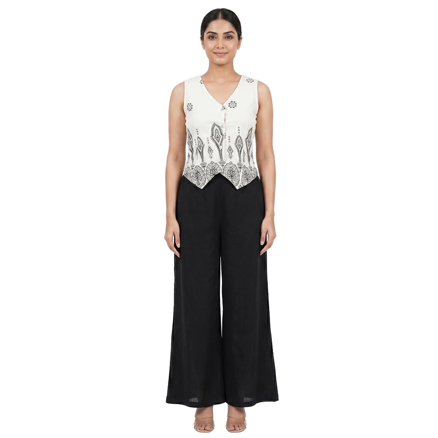 Boho Monochrome Floral Vest and Wide-Leg Pants Set – V-Neck Button-Down Top and Trousers Cord-image-16