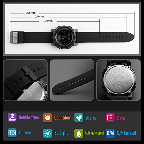 ساعة معصم رياضية رقمية الكترونية بسيطة مضادة للماء بتصميم عسكري وطريقة عرض مزدوجة للوقت مع ضوء LED للرجال من سكماي بمينا أسود بسوار