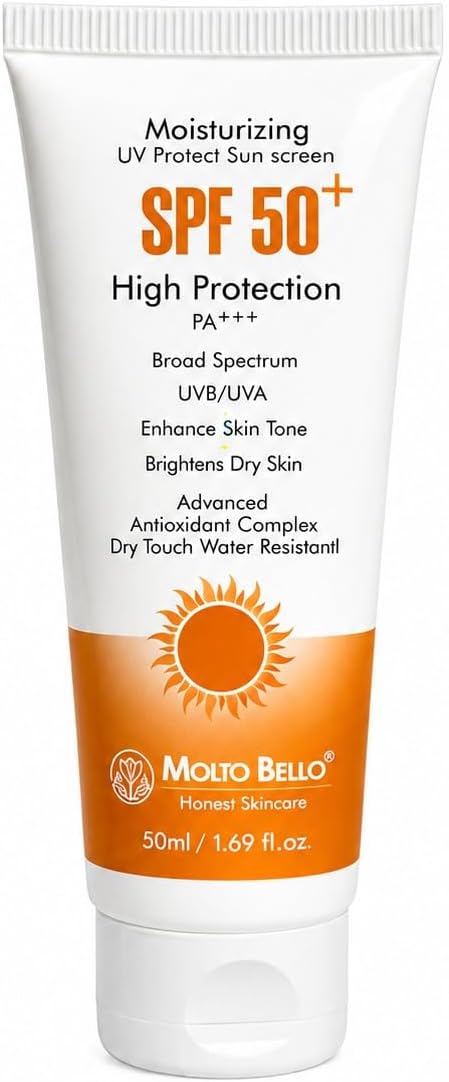 Molto Bello | Moisturizing UV | Protect Sunscreen| SPF 50| High Protection| PA+++| Non Greasy, Quick Absorbing| Water Resistant| For Oily, Sensitive, Dry Skin| UVA/B & Blue Light Protection| 50ml