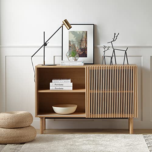 JUSTONE 48''Farmhouse Sideboard Buffet Accent Storag Credenza,Kitchen Storage Cabinet with 2 Shelves, Mid-Century Modern Console Table with Cupboard for Media Console Table, Sliding Door, Walnut