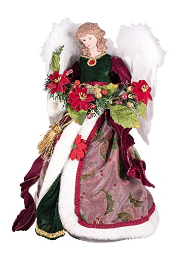 Elegant Rosy Red Holly Gown Angel 16 Inch Decorative Tree Topper #TOP13