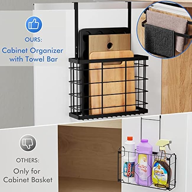 2p¦Áck Cabinet Door Organizer, with Double Towel Bars, Cutting Board Organizer with Towel Holder, Kitchen Cabinet Organier for Pantry, Baking Sheet, Plastic Wrap, Black