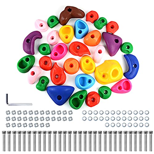 TOPNEW 32 Rock Climbing Holds Multi Size for Kids, Adult Rock Wall Holds Climbing Rock Wall Grips for Indoor and Outdoor Playground Play Set - Includes 2 Inch Mounting Hardware