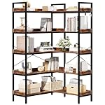 KOUSEI 5-Tier Bookshelf Reversible,Corner Bookcase 4 Hooks,65" Industrial Wooden Bookcase with Open Wide Shelves and Metal Frame for Living Room, Bedroom, Home Office,Rustic Brown