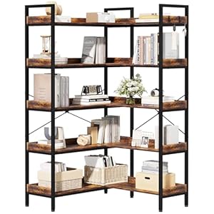 KOUSEI 5-Tier Bookshelf Reversible,Corner Bookcase 4 Hooks,65″ Industrial Wooden Bookcase with Open Wide Shelves and Metal Frame for Living Room, Bedroom, Home Office,Rustic Brown
