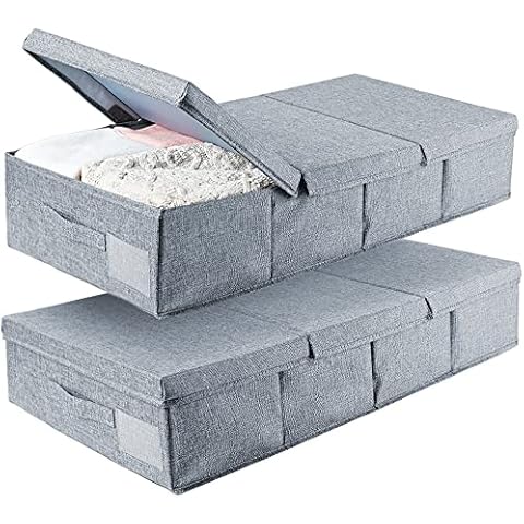 ohihuw 2 Pack Large Underbed Storage Bins With Lids, Foldable & Stackable Storage Drawer Organizer, Upgraded Cotton & Linen Material (Grey) Cover
