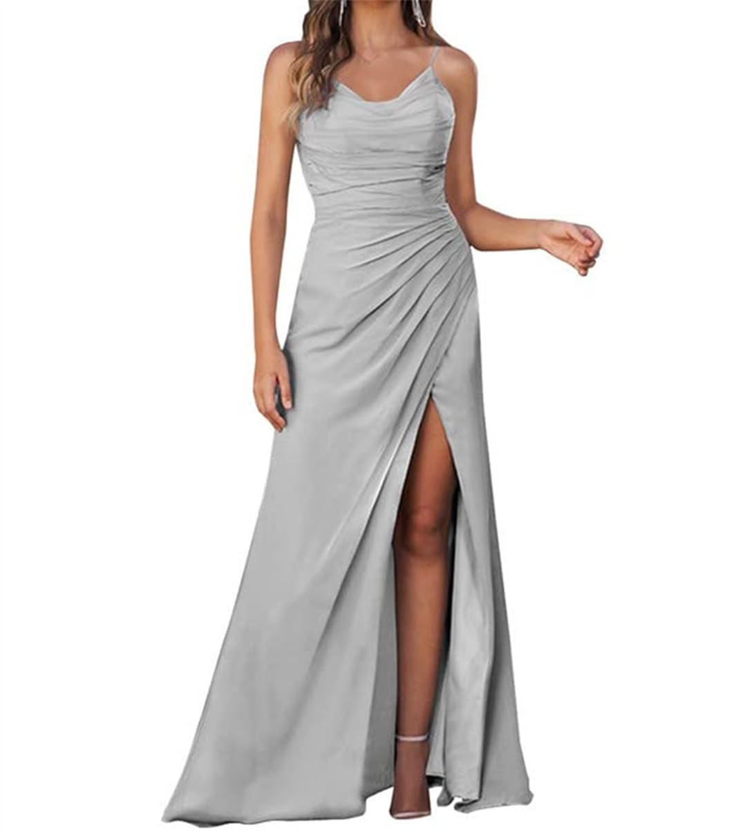 Sayno Women's Silver Mermaid Bridesmaid Dresses For Wedding V Neck Spaghetti Straps Lace Up Back Prom Dress Uk22
