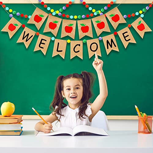 Mixweer 5 Pcs Welcome Burlap Banner With Pom Pom Felt Ball Garland Set School Welcome Sign Apples Banner Rainbow Pastel Colorful Pom Pom Garland For Teacher Classroom Decoration First Day Of School #TOP3