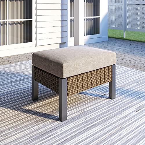 Festival Depot Patio Ottoman Outdoor Footstool Small Seat Rattan Furniture with All- Weather Metal Slatted Steel Leg and 3.9inch Cushion for Deck Poolside Yard,Grey