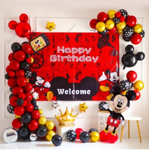 Mickey Mouse Birthday Party Decorations, Mickey Mouse Party Supplies Set for Girl’s/Boy’s with Balloons Garland kit, Mickey Mouse Backdrop 7x5ft, Mickey Mouse Foil Balloons