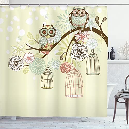 Ambesonne Owls Shower Curtain, Winter Floral Background with Blossoms and Owls Out of Their Cages a Birdcage for a Freedom Symbolism, Cloth Fabric Bathroom Set with Hooks, 69" W x 75" L, Green Brown