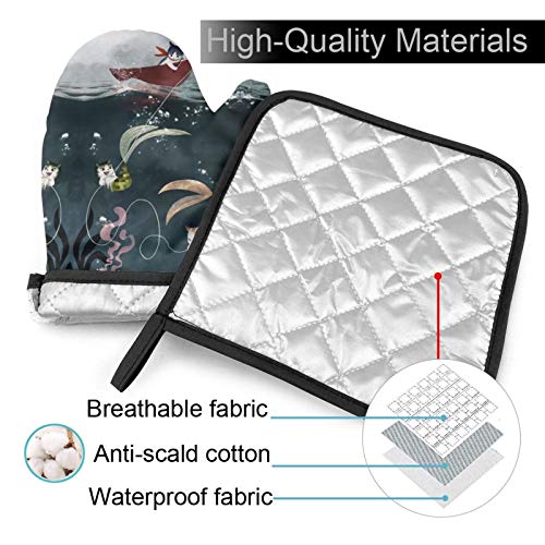 Kzematli White German Shepherd Oven Mitts And Pot Holders Sets, Soft Cotton Lining With Non-Slip Surface For Cooking, Baking, Grilling, Barbecue (Kzematli Cat Mermaid Princess Painting) #TOP3