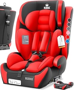 KIDIZ® Autokindersitz mit Isofix i-Size R129 100-150cm bis 12 Jahre, Kinderautositz Gruppe 1/2/3, mitwachsender Kindersitz, 5-Punkt-Gurt & höhenverstellbare Kopfstütze, Sitzerhöhung Auto, Rot