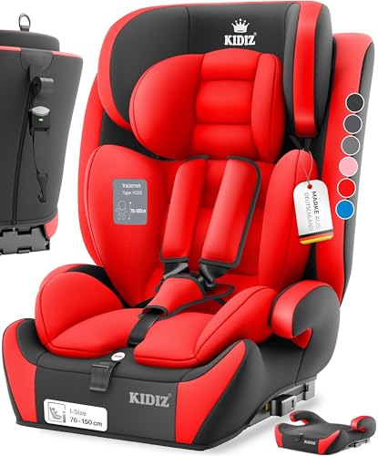 KIDIZ Seggiolino auto per bambini con Isofix, gruppo 1 + 2 + 3, 9 – 36 kg, cintura di sicurezza a 5 punti, seggiolino auto, seggiolino auto, poggiatesta regolabile, rialzo per 1 – 12 anni, stabile e