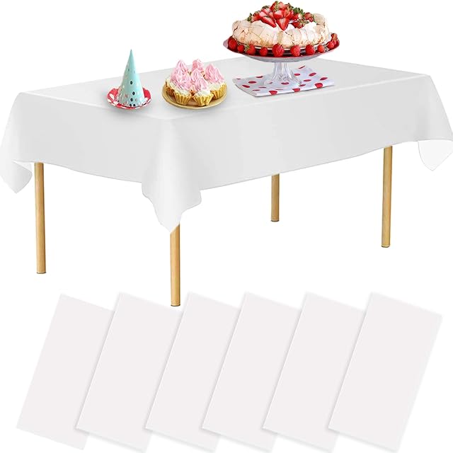 YANGTE 6 Pack Disposable Tablecloths Plastic Rectangle Table Covers 54 x 108 Inch Table Cloths for Indoor or Outdoor Parties Birthdays Weddings Picnics (White)