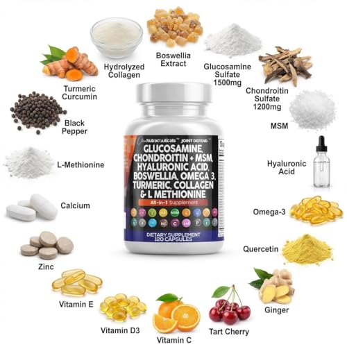 Image of Clean Nutraceuticals Glucosamine 1500mg Chondroitin 1200mg MSM with Turmeric Curcumin, Collagen, Hyaluronic Acid, Omega 3 - Joint Health Supplement for Men & Women - Joint Complex - 120 Count