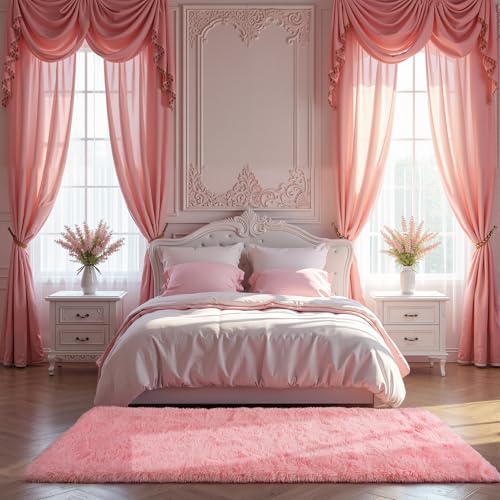 Zentavio Bedside Rugs for Girls Room 2x6 Runner Rugs for Hallway Bedroom Non Slip Fluffy Soft Shaggy Carpet for Kids Home Decor Aesthetic Dorm Nursery Pink