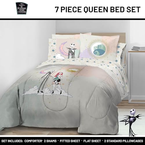 Image of Disney Nightmare Before Christmas Queen Comforter Set 7 Piece, Multi | Jack Skellington Sally, Bed in a Bag, Comforter Sheets Shams Pillowcases, Soft Microfiber, Machine Washable, Girls Gift