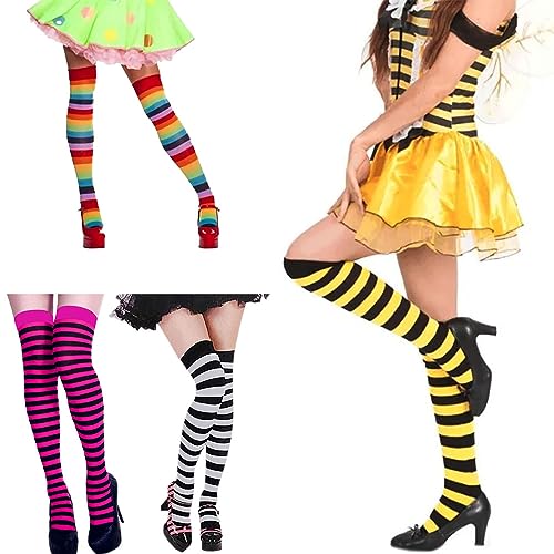 Meia 7/8 Longa Listrada Adulto: Festa Fantasia Cosplay Dança Halloween (Branco)